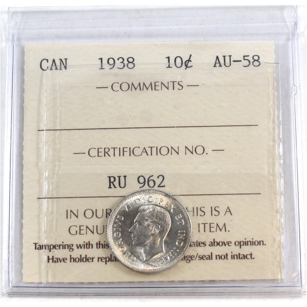 1938 Canada 10-cents ICCS Certified AU-58