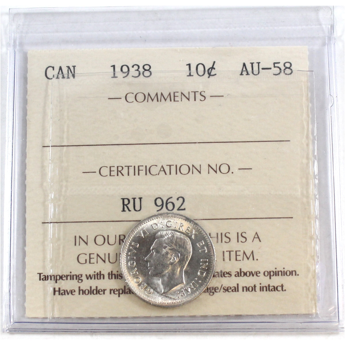 1938 Canada 10-cents ICCS Certified AU-58