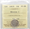 1881H Obv. 2 Canada 10-cents ICCS Certified VF30