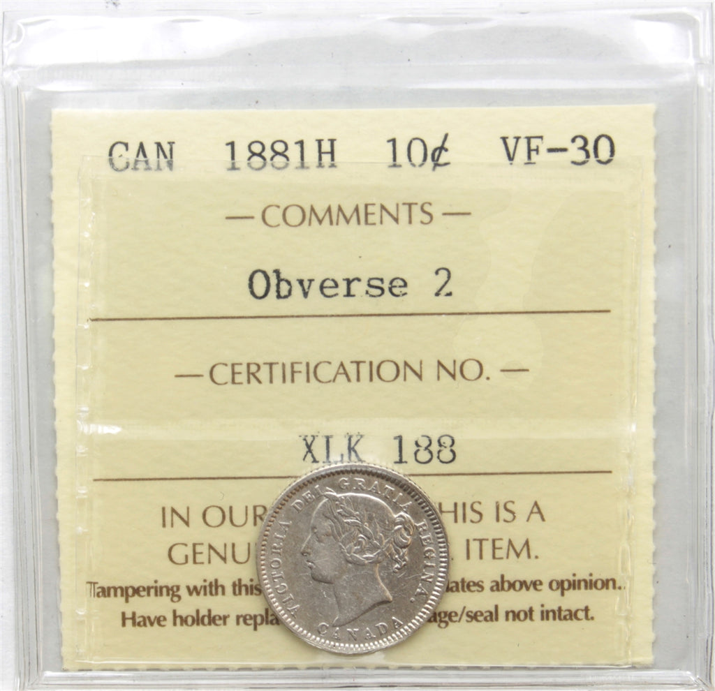 1881H Obv. 2 Canada 10-cents ICCS Certified VF30