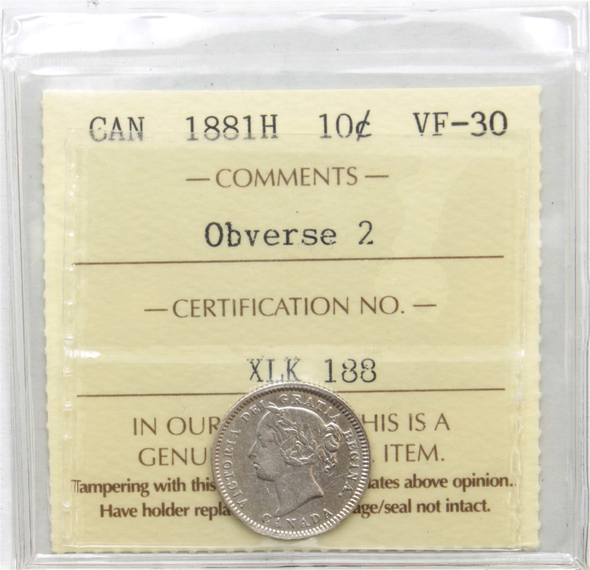 1881H Obv. 2 Canada 10-cents ICCS Certified VF30