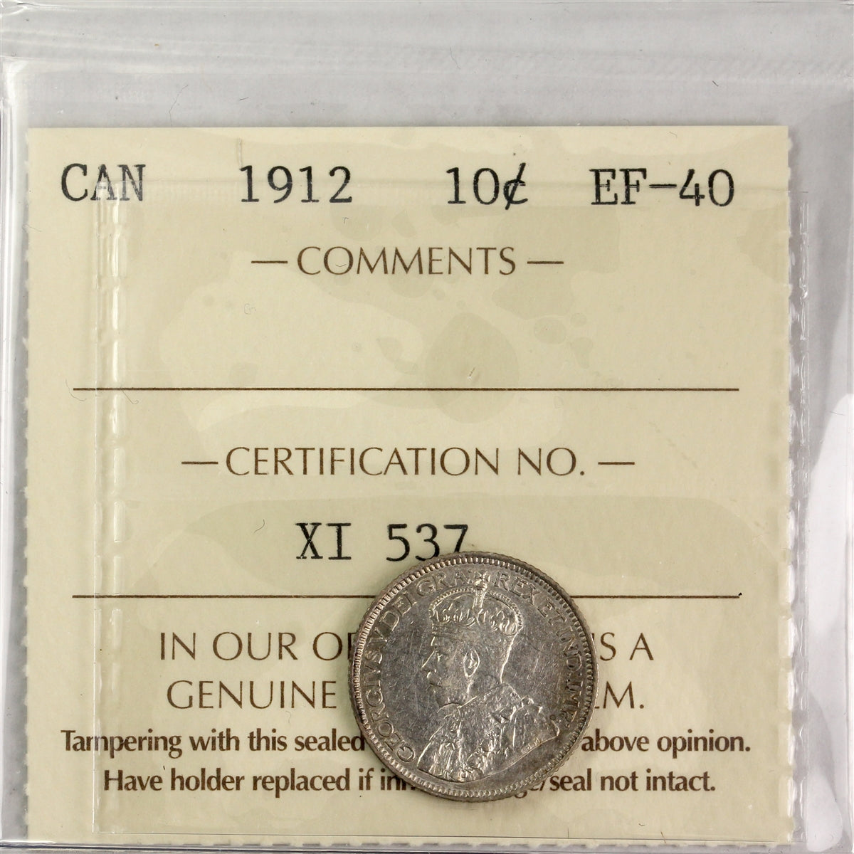 1912 Canada 10-cents ICCS Certified EF40