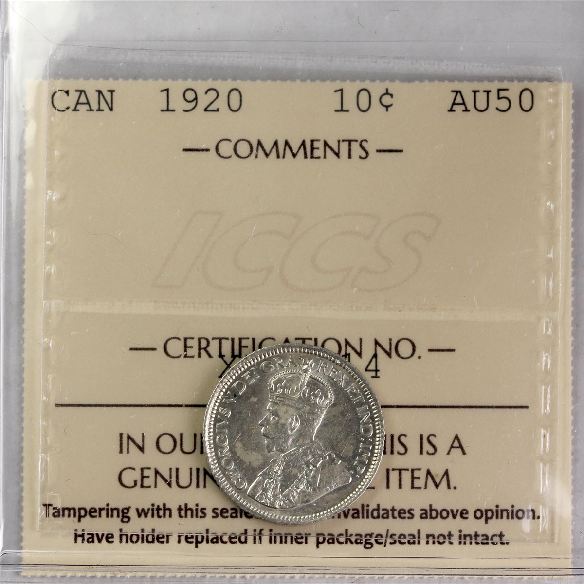 1920 Canada 10-cents ICCS Certified AU50