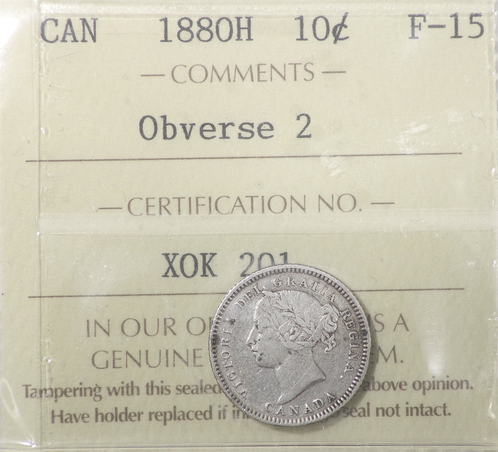 1880H Obv. 2 Canada 10-cents ICCS Certified F15