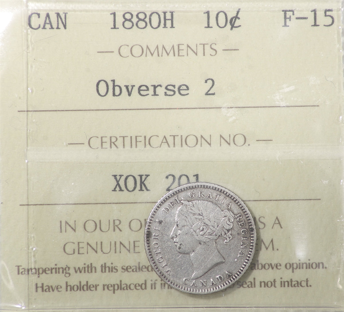 1880H Obv. 2 Canada 10-cents ICCS Certified F15
