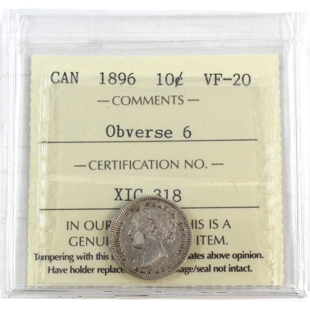 1896 Obv. 6 Canada 10-cents ICCS Certified VF20