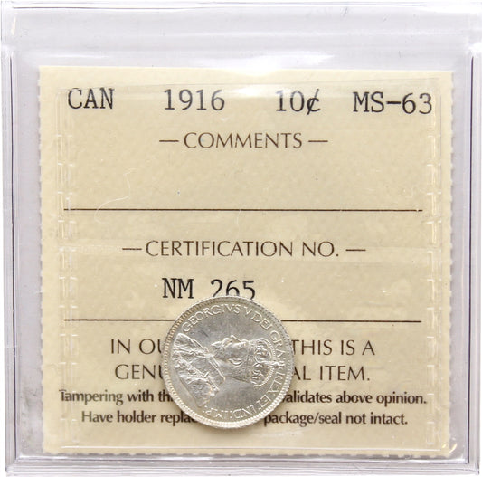 1916 Canada 10-cents ICCS Certified MS63