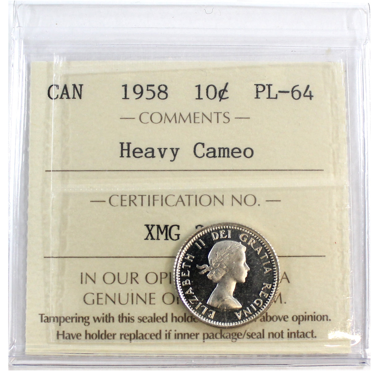 1958 Canada 10-cents ICCS Certified PL64 Heavy Cameo