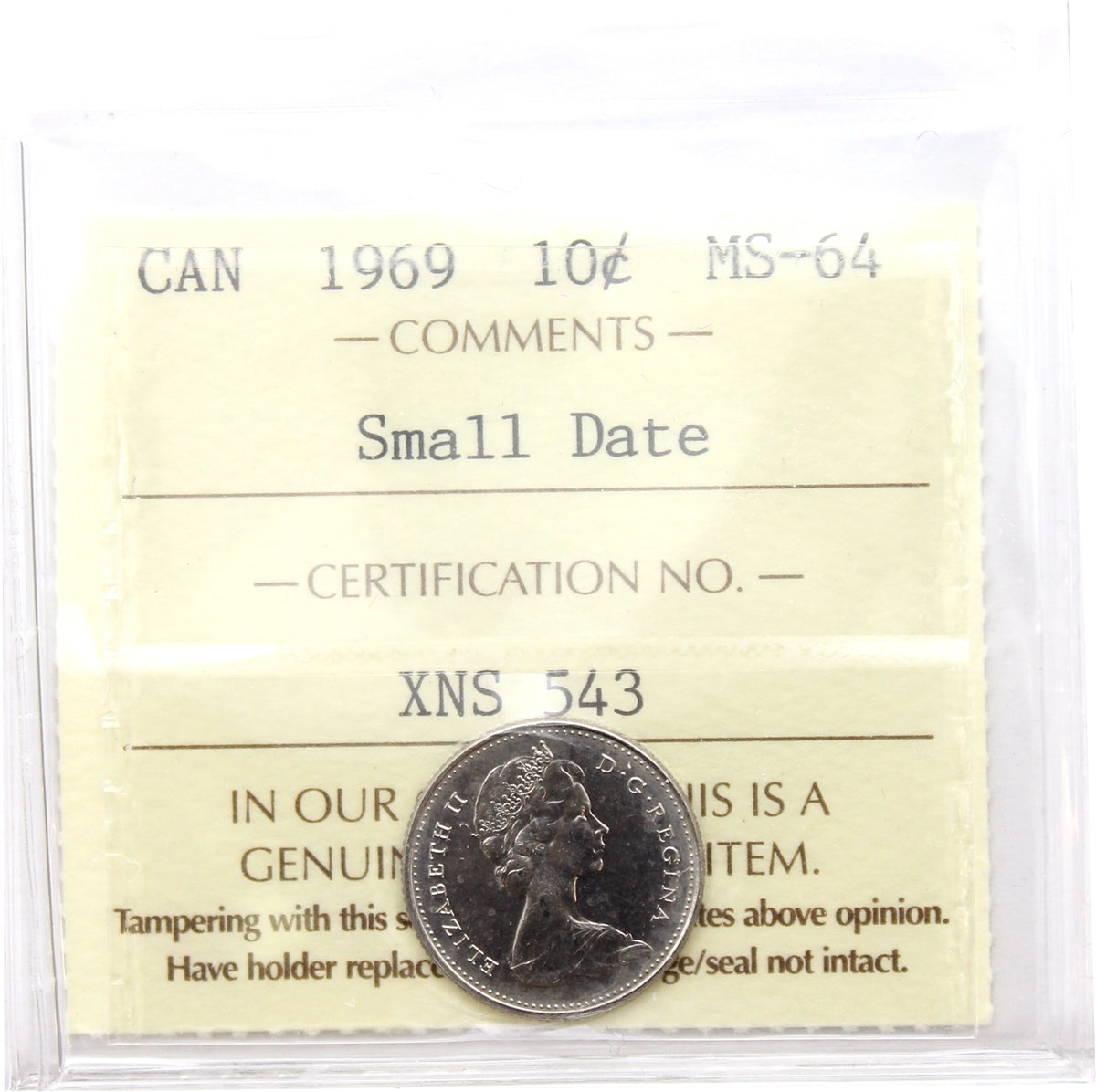1969 Small Date Canada 10-cents ICCS Certified MS64