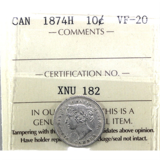 1874H Canada 10-cents ICCS Certified VF20