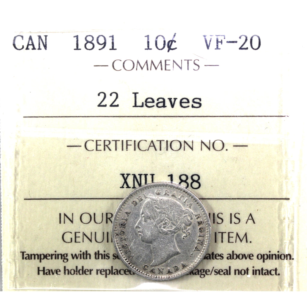 1891 22 Leaves Canada 10-cents ICCS Certified VF20