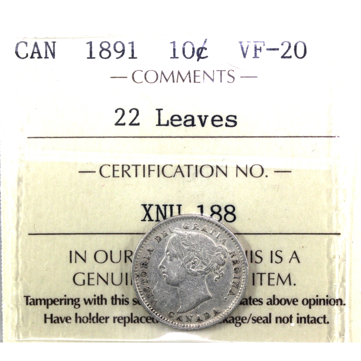 1891 22 Leaves Canada 10-cents ICCS Certified VF20