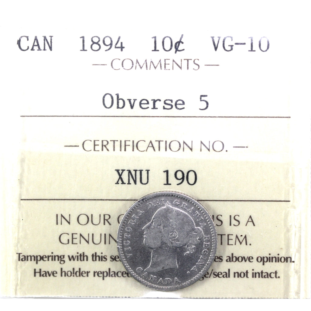 1894 Obv. 5 Canada 10-cents ICCS Certified VG10