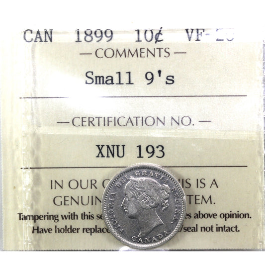 1899 Small 9's Canada 10-cents ICCS Certified VF20