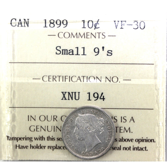 1899 Small 9's Canada 10-cents ICCS Certified VF30