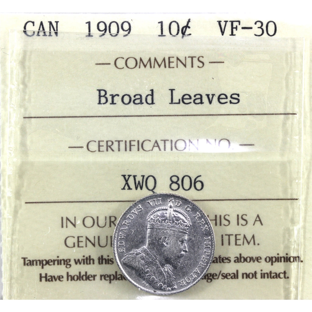 1909 Broad Leaves Canada 10-cents ICCS Certified VF30