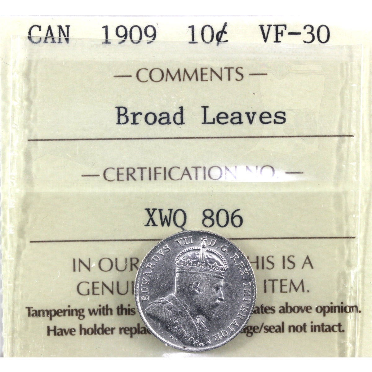 1909 Broad Leaves Canada 10-cents ICCS Certified VF30