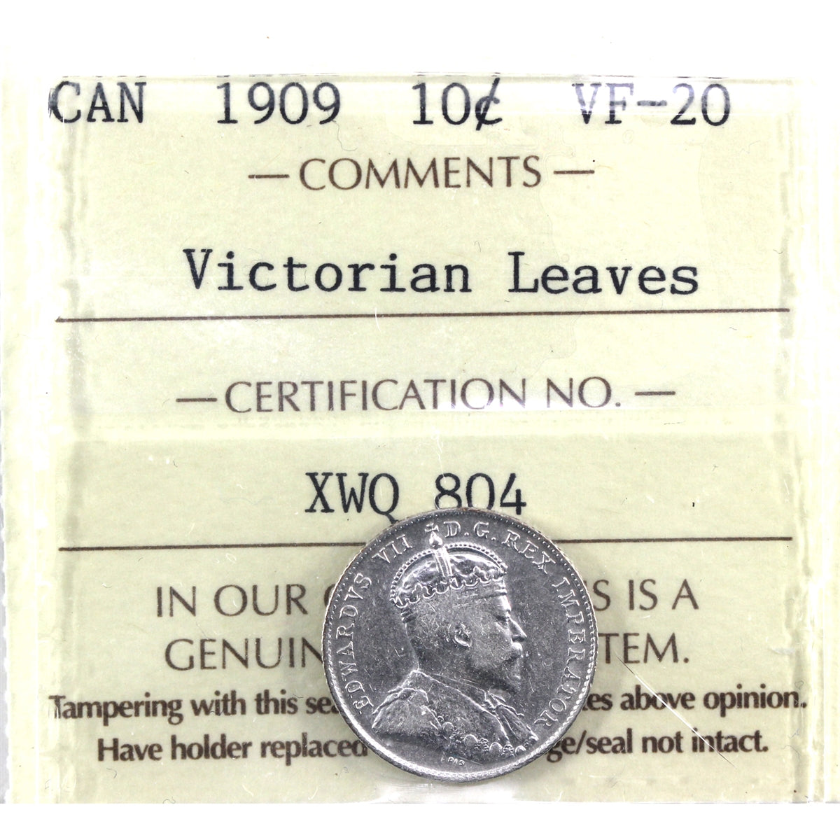 1909 Victorian Leaves Canada 10-cents ICCS Certified VF20
