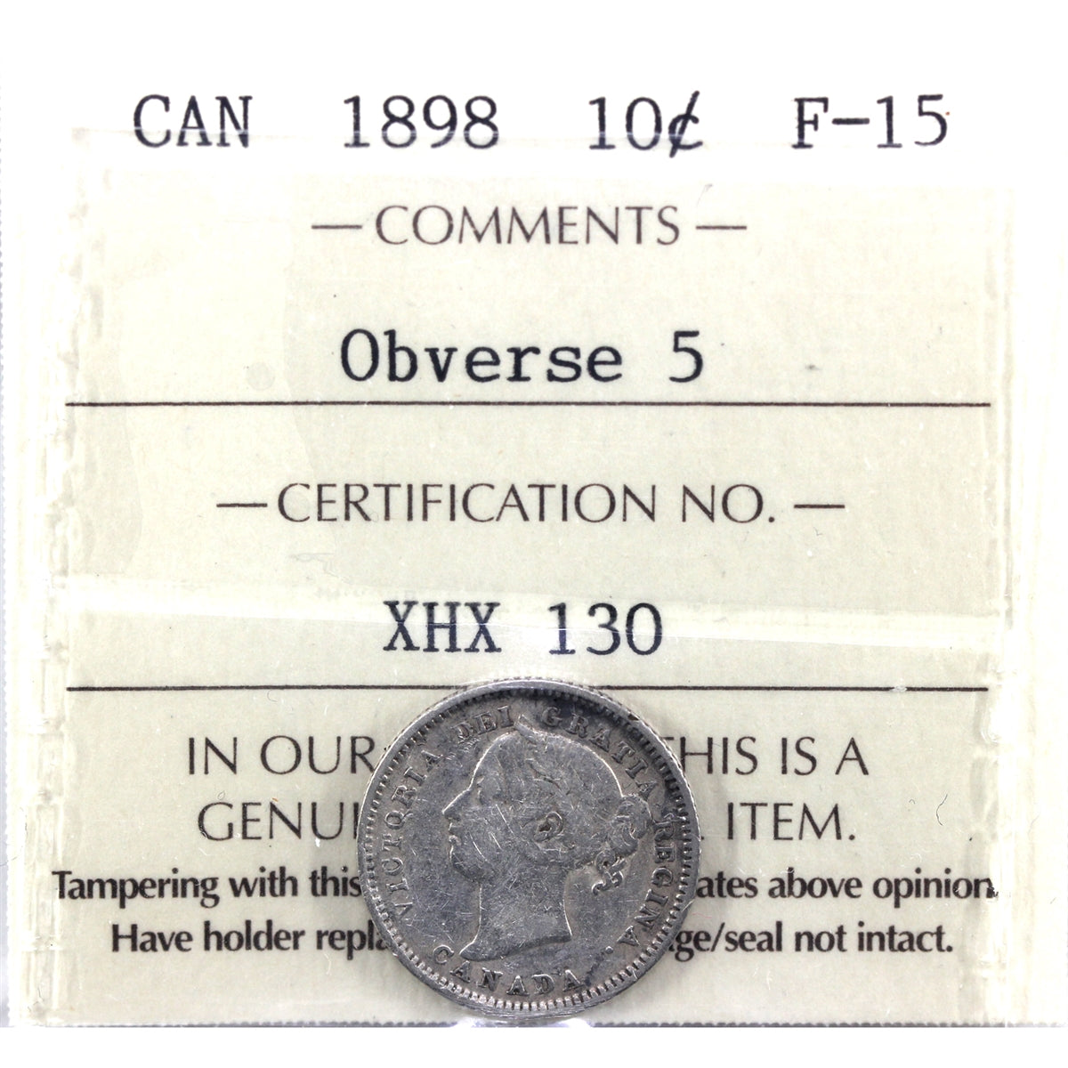1898 Obv. 5 Canada 10-cents ICCS Certified F15