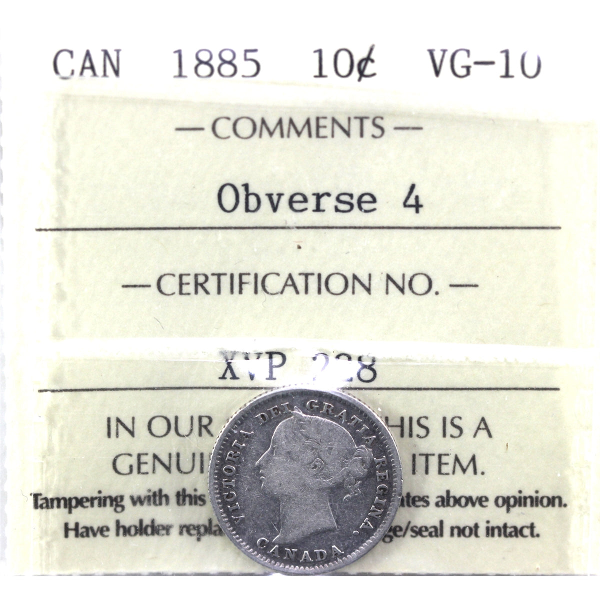 1885 Obv. 4 Canada 10-cents ICCS Certified VG10