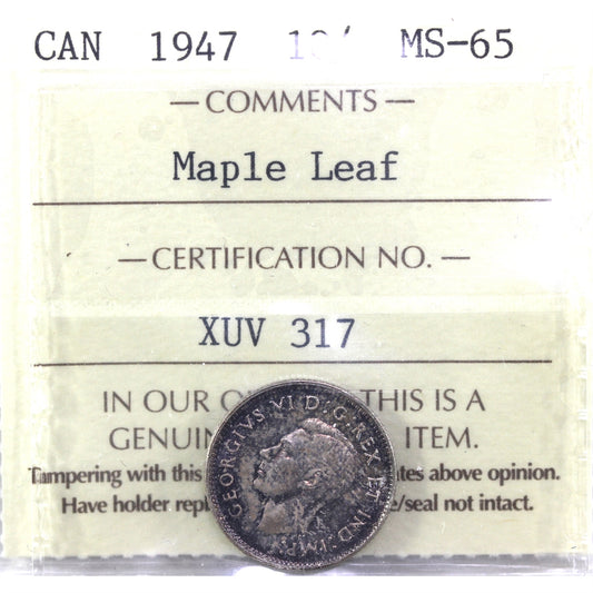1947 Maple Leaf Canada 10-cents ICCS Certified MS-65