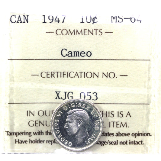 1947 Canada 10-cents ICCS Certified MS-64 Cameo
