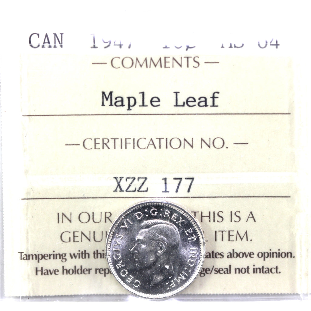 1947 Maple Leaf Canada 10-cents ICCS Certified MS64