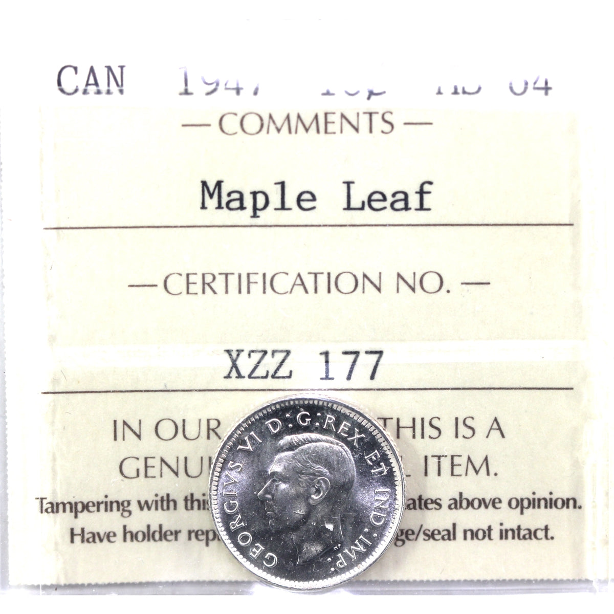 1947 Maple Leaf Canada 10-cents ICCS Certified MS64