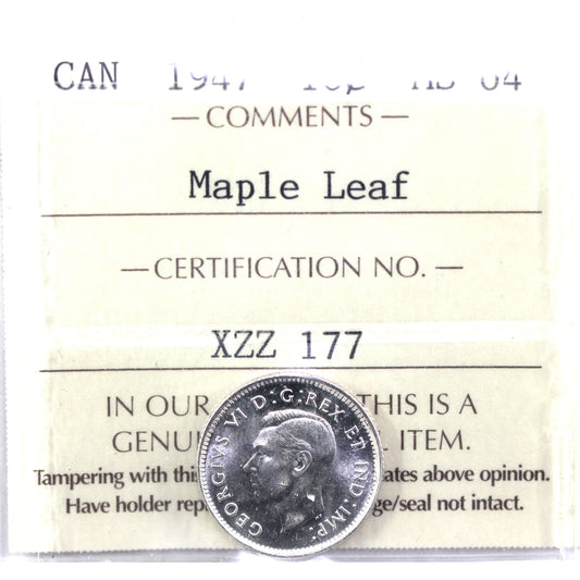 1947 Maple Leaf Canada 10-cents ICCS Certified MS64