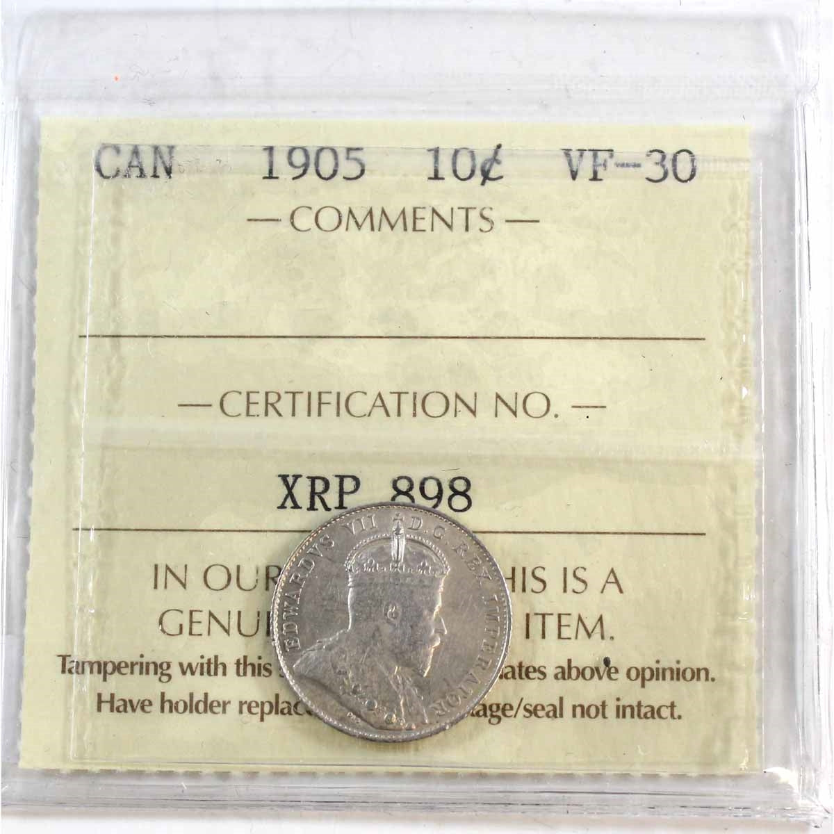 1905 Canada 10-cents ICCS Certified VF30