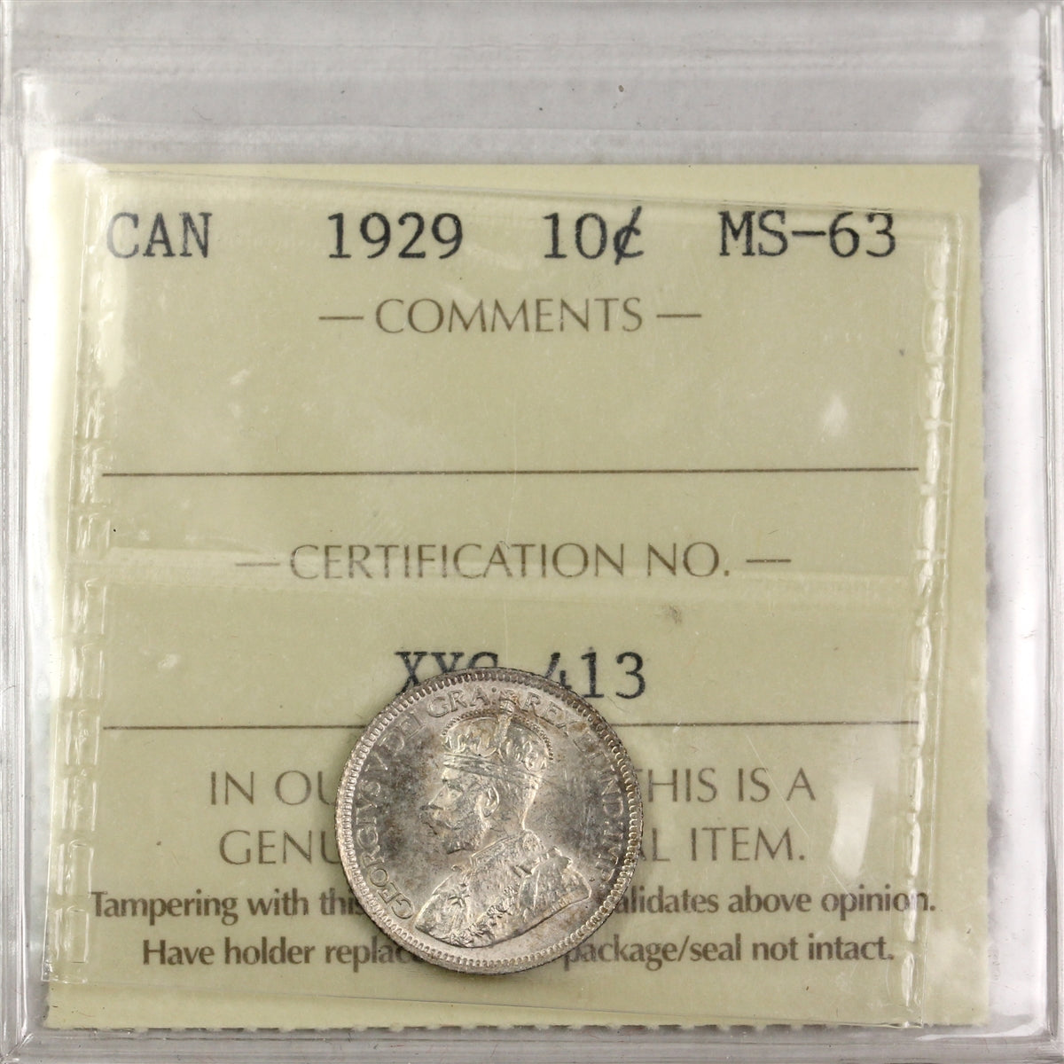 1929 Canada 10-cents ICCS Certified MS63