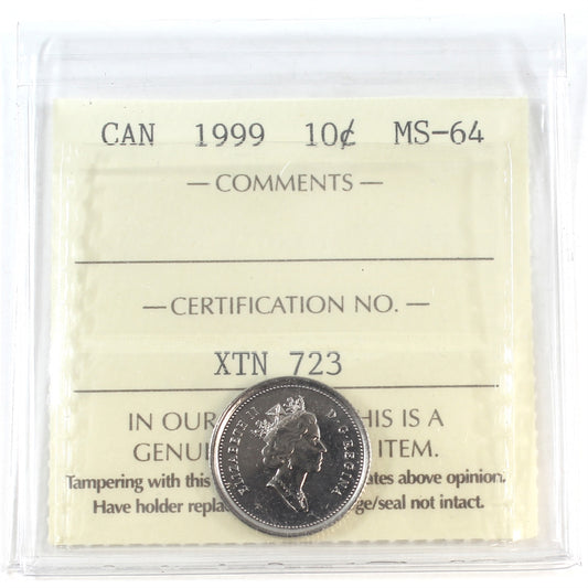 1999 Canada 10-cents ICCS Certified MS64