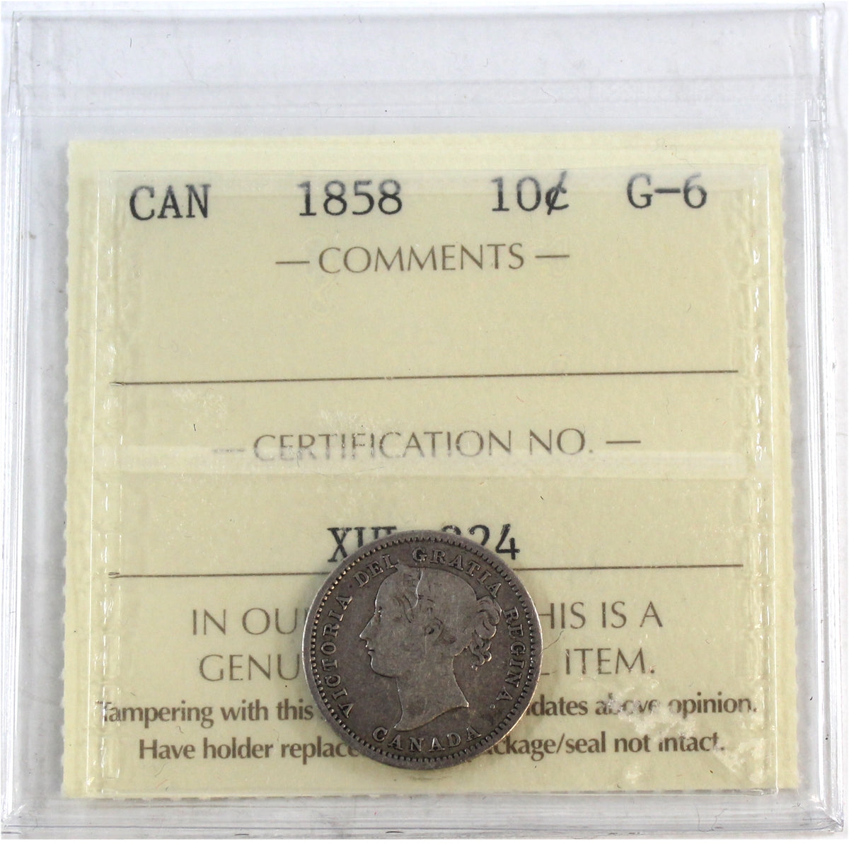 1858 Canada 10-cents ICCS Certified G6