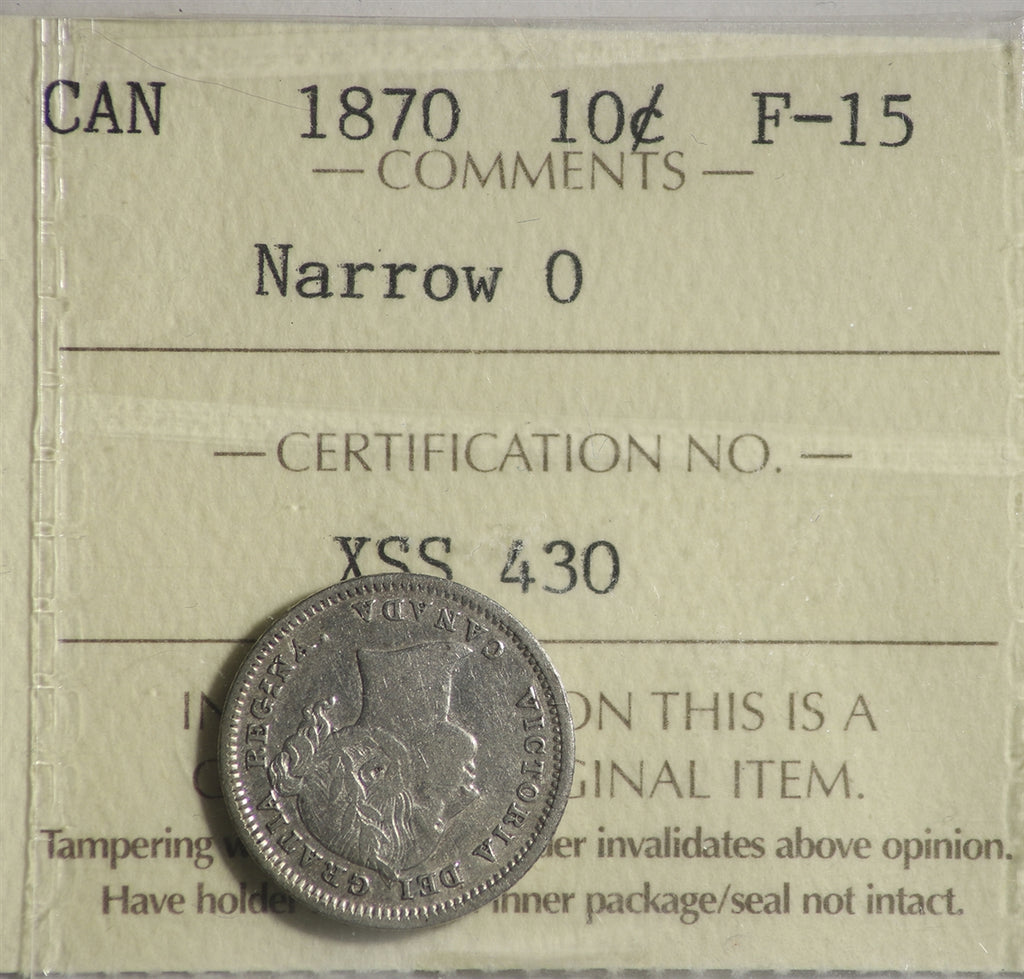 1870 Narrow 0 Canada 10-cents ICCS Certified F15