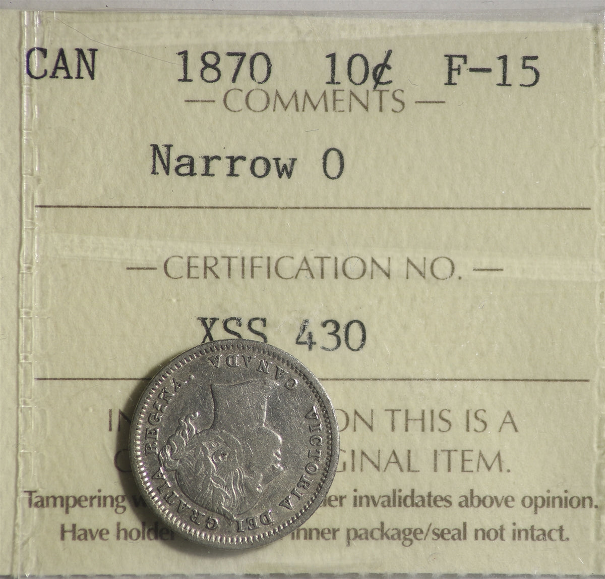 1870 Narrow 0 Canada 10-cents ICCS Certified F15