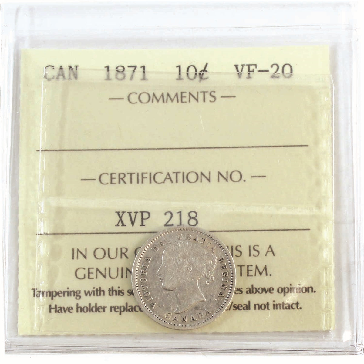 1871 Canada 10-cents ICCS Certified VF20