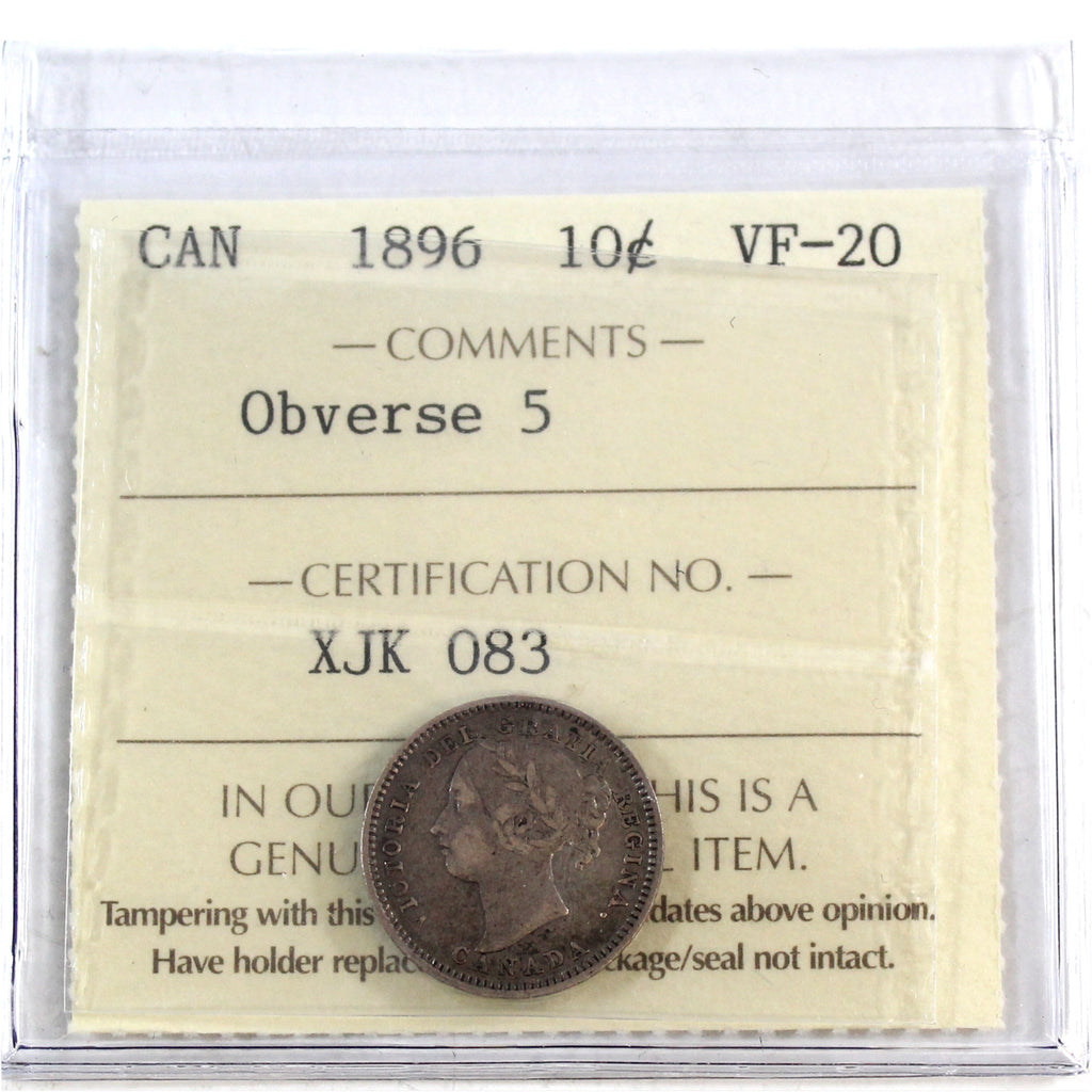 1896 Obv. 5 Canada 10-cents ICCS Certified VF20
