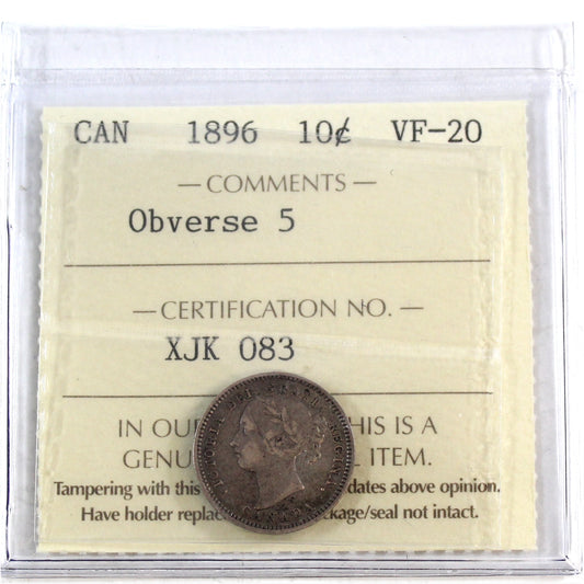 1896 Obv. 5 Canada 10-cents ICCS Certified VF20