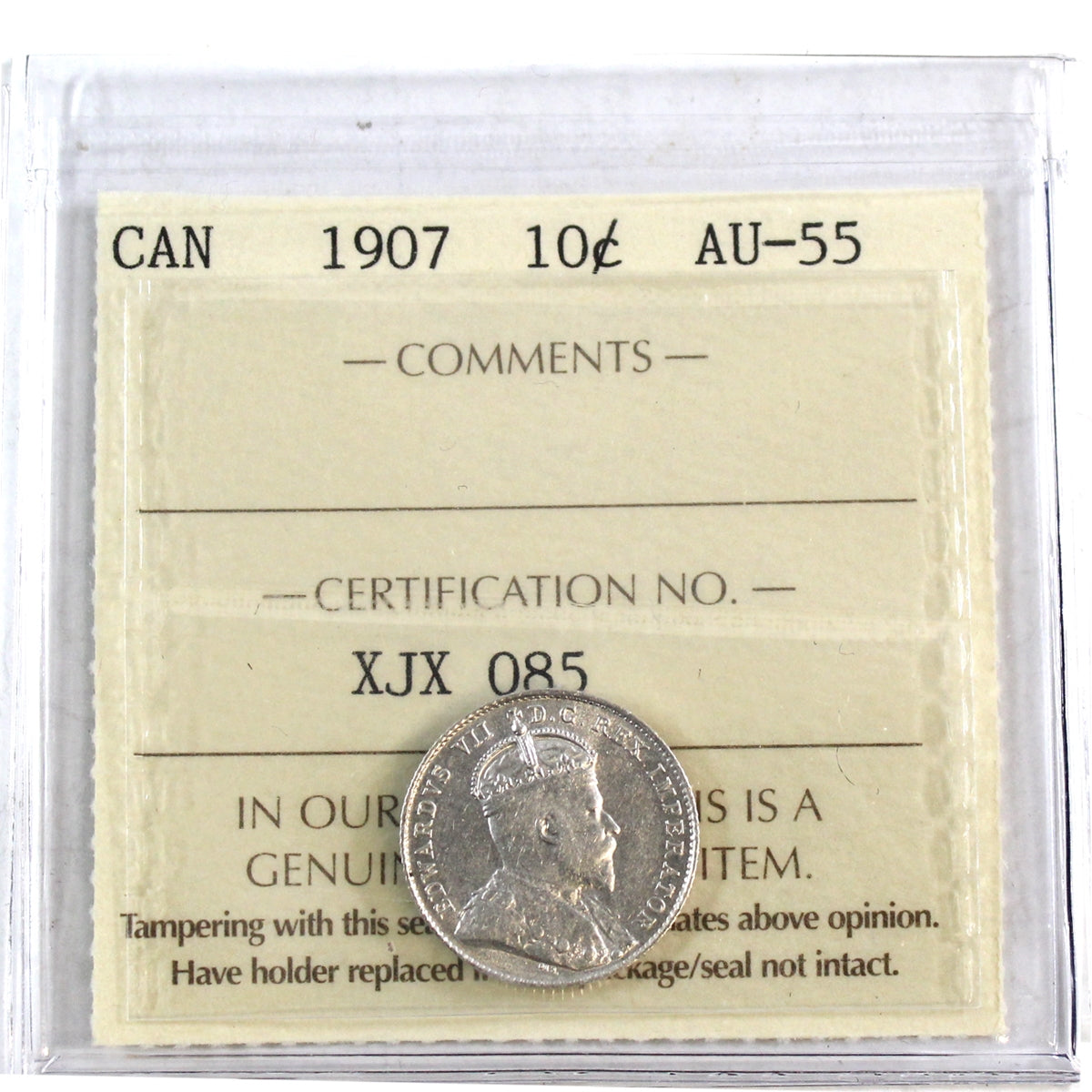 1907 Canada 10-cents ICCS Certified AU55