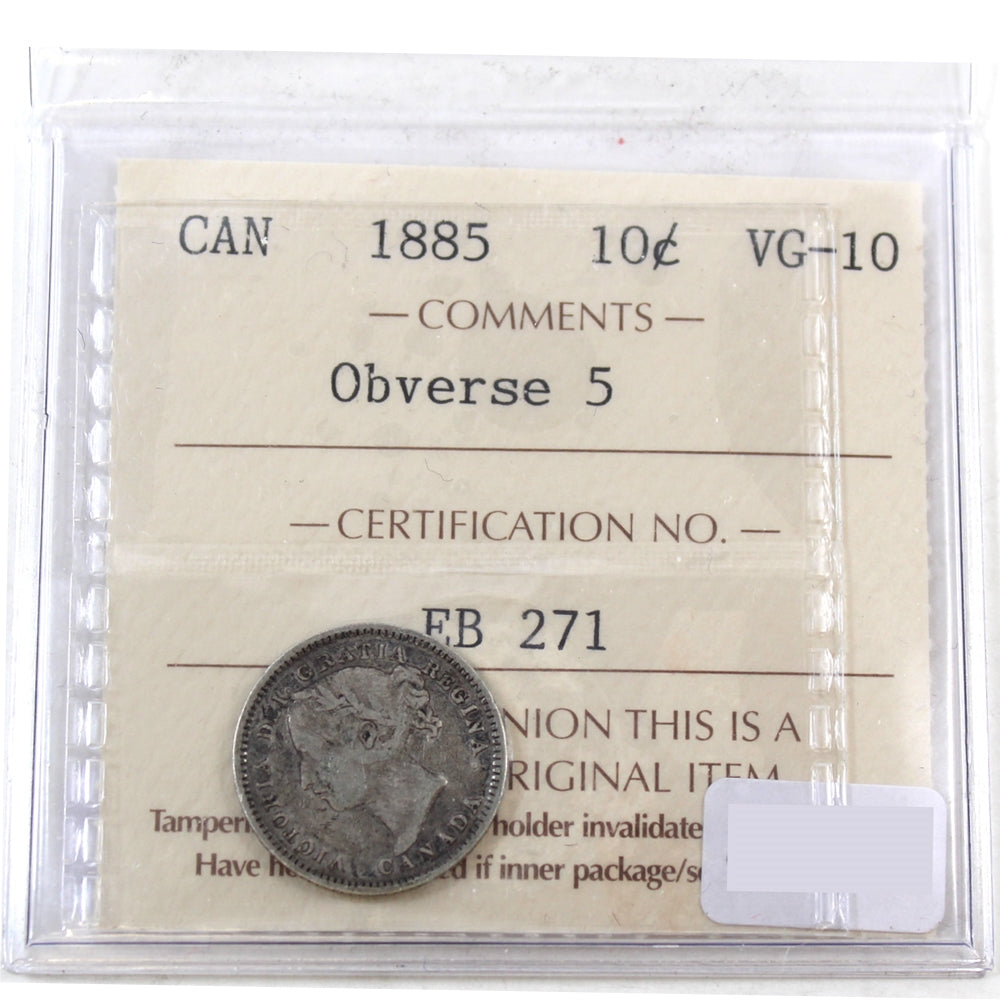 1885 Obv. 5 Canada 10-cents ICCS Certified VG10