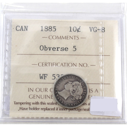 1885 Obv. 5 Canada 10-cents ICCS Certified VG8