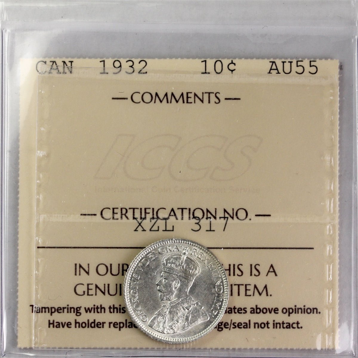 1932 Canada 10-cents ICCS Certified AU55
