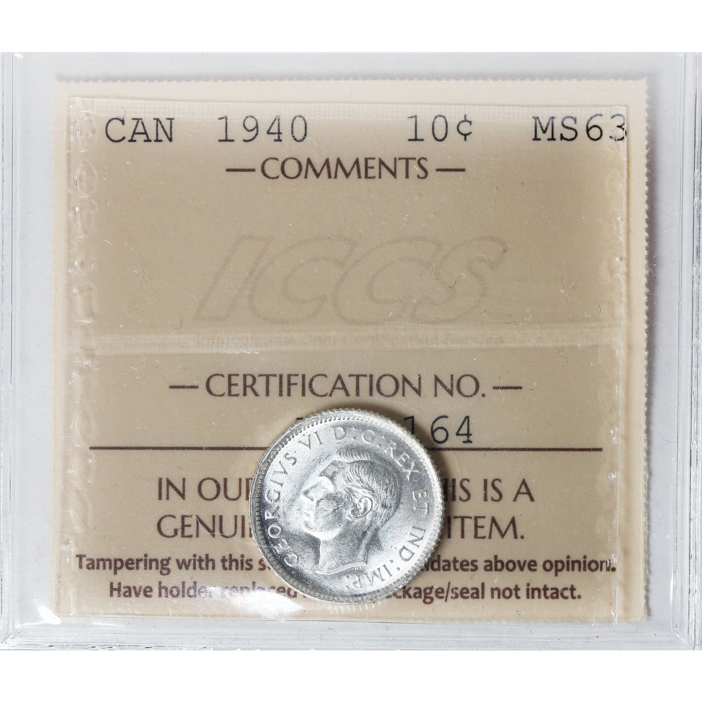 1940 Canada 10-cents ICCS Certified MS63