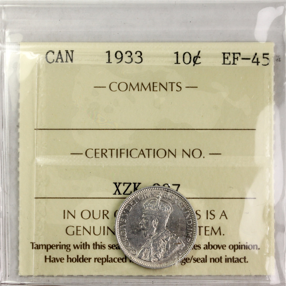 1933 Canada 10-cents ICCS Certified EF45