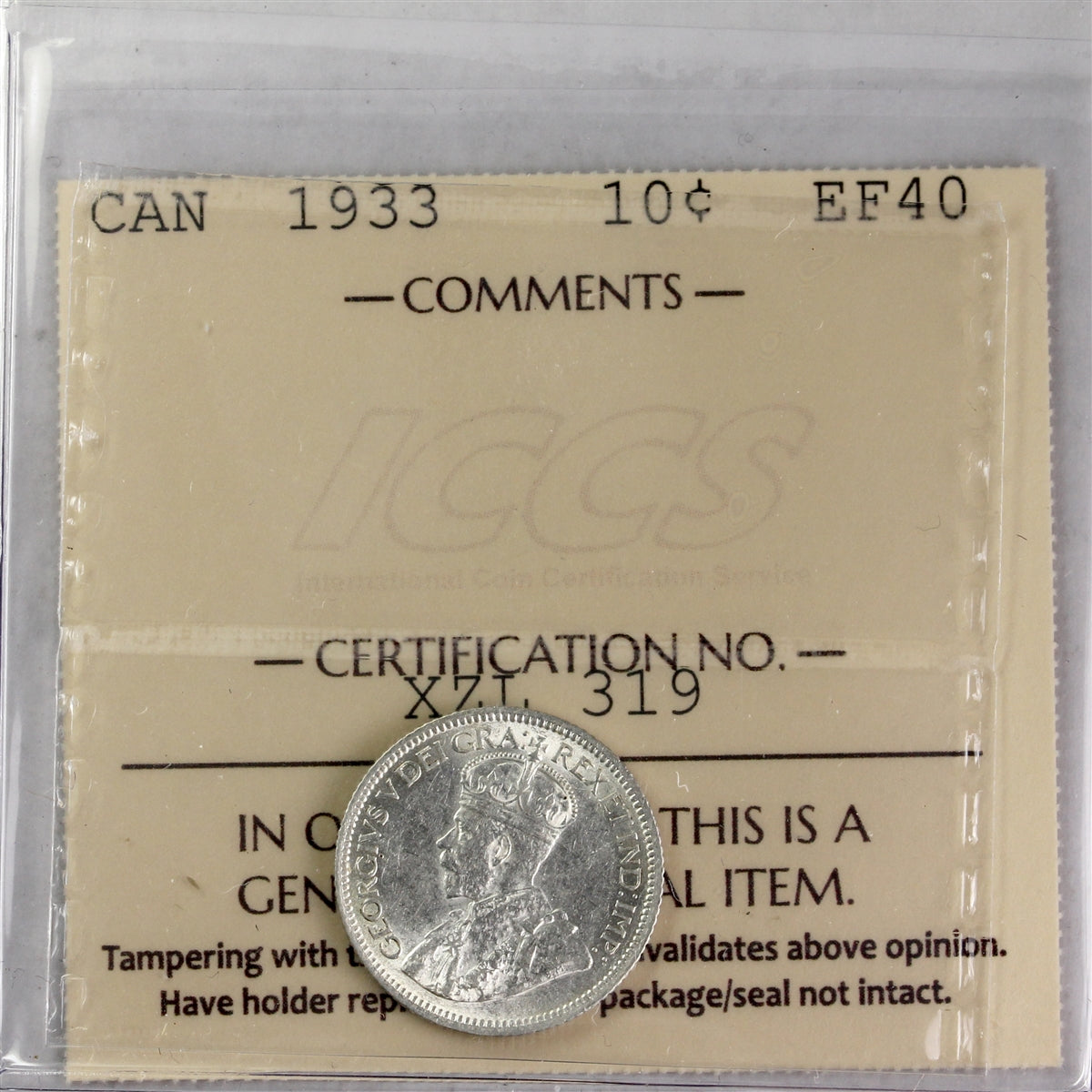 1933 Canada 10-cents ICCS Certified EF40
