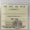 1933 Canada 10-cents ICCS Certified VF30