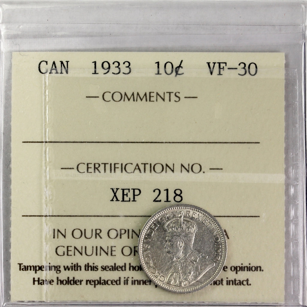 1933 Canada 10-cents ICCS Certified VF30