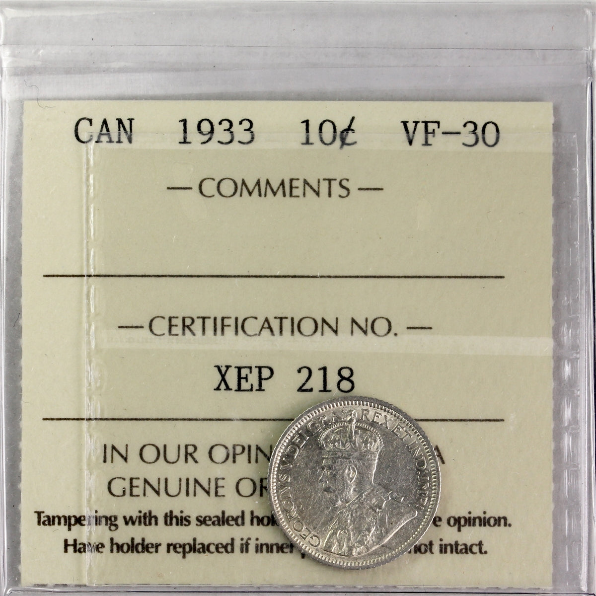 1933 Canada 10-cents ICCS Certified VF30