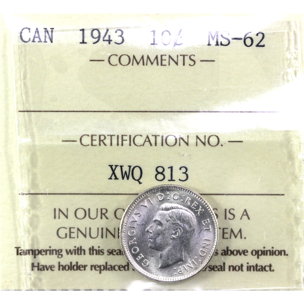 1943 Canada 10-cents ICCS Certified MS62