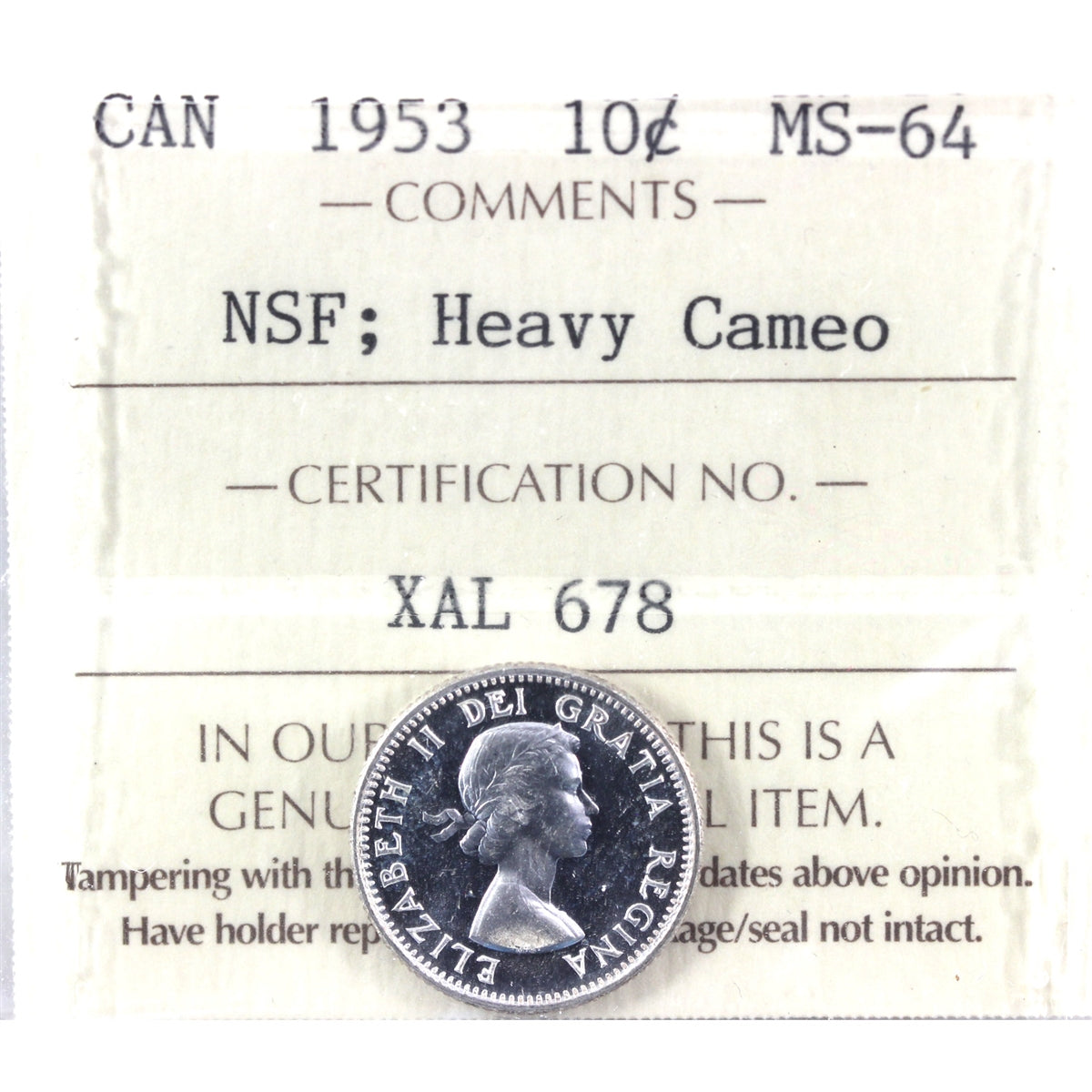1953 NSF Canada 10-cents ICCS Certified MS-64 Heavy Cameo
